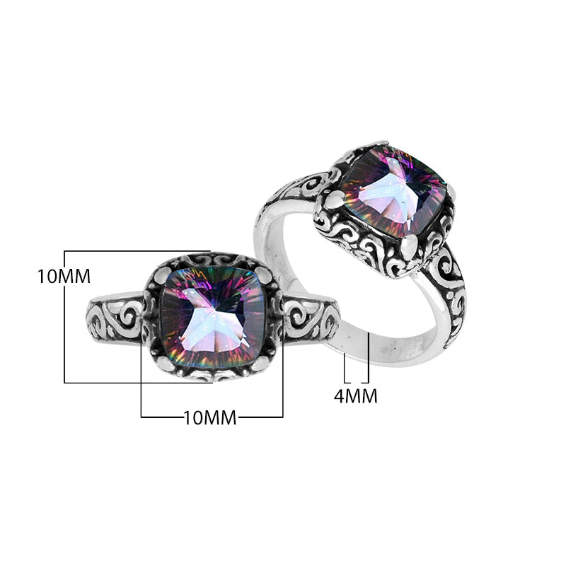 Wholesale Sterling Silver cushion-cut Mystic Quartz faceted women’s ring with Balinese scroll engraving