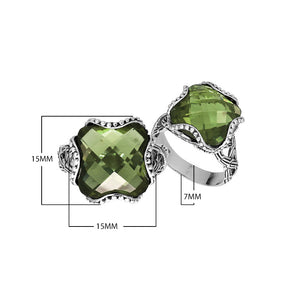 Sterling silver wholesale ring with Green Amethyst Quartz cushion shape and floral carving