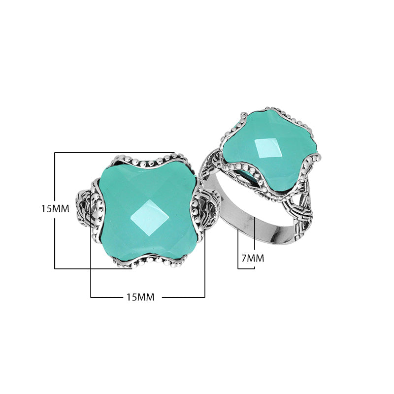 Wholesale Sterling Silver Green Chalcedony Quartz fancy cross-cut faceted women’s ring with bead edge and floral detailing