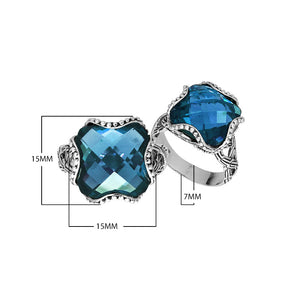 Sterling Silver London Blue Topaz Quartz ring with cushion cut and Balinese detailing