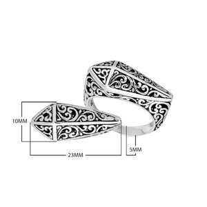 Sterling Silver geometric shield ring with oxidized Balinese filigree pattern
