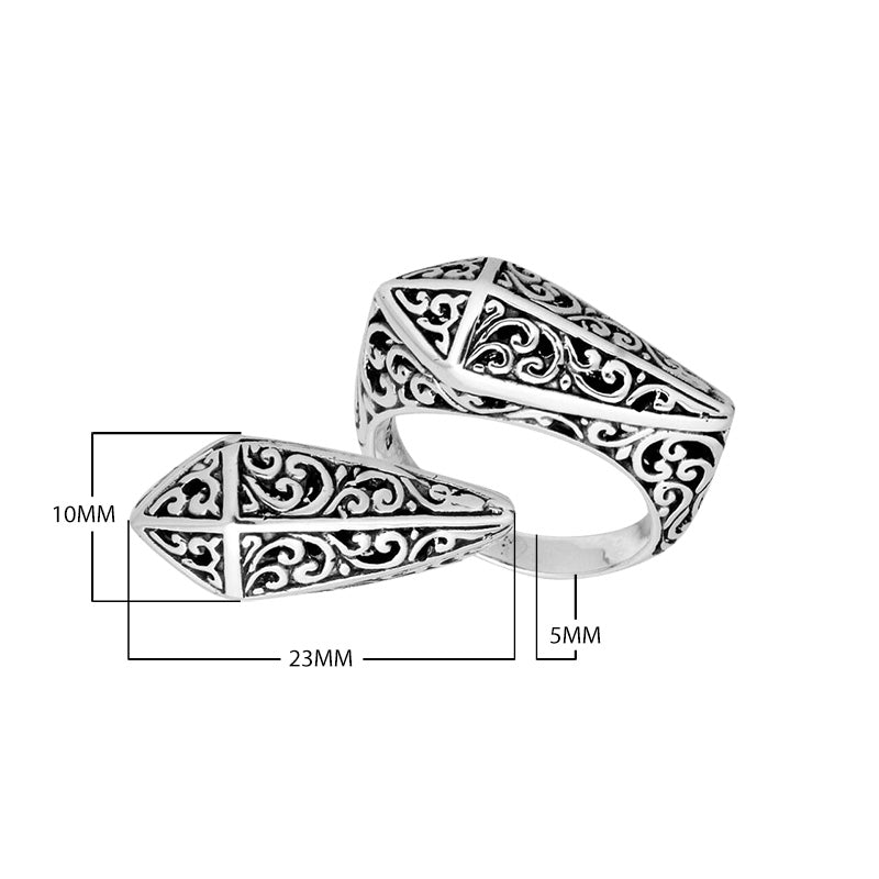Sterling Silver geometric shield ring with oxidized Balinese filigree pattern