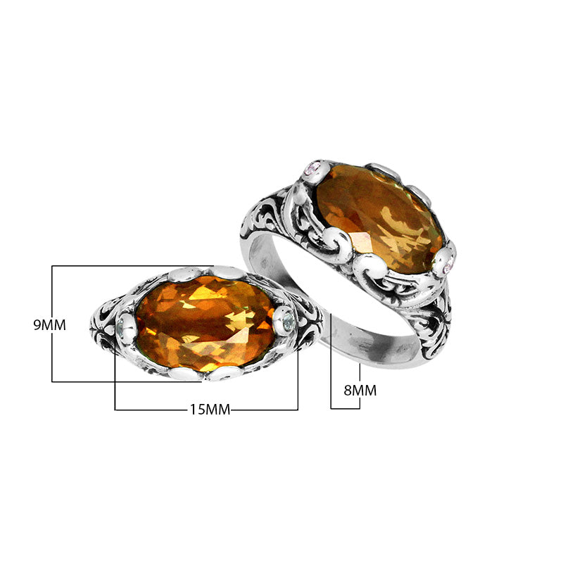Sterling Silver val Shape Ring With Citrine Quartz ring with ornate Balinese scroll detailing