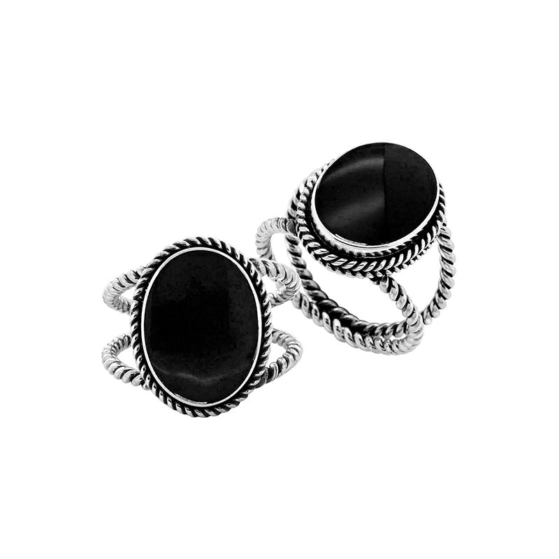 Sterling Silver oval shape ring with Black Shell and braided rope detailing
