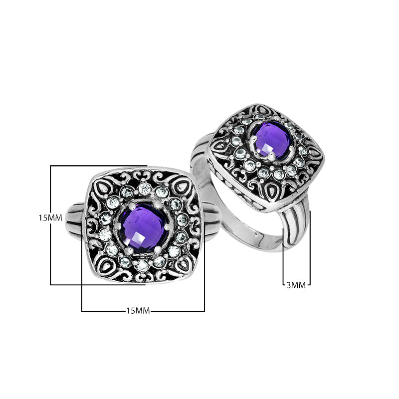 Sterling Silver Handcrafted Ornate Designer Square Shape Ring With Amethyst Quartz