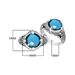 Sterling Silver ornate statement ring with Blue Topaz Quartz and detailed Bali-style craftsmanship.