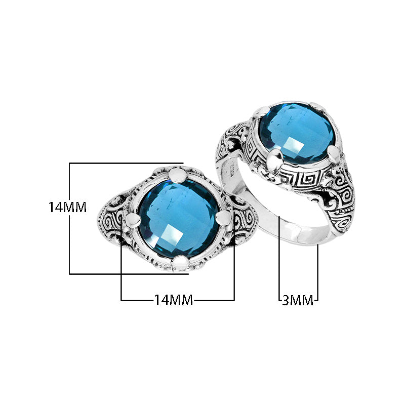 Sterling Silver ornate statement ring with Blue Topaz Quartz and detailed Bali-style craftsmanship.