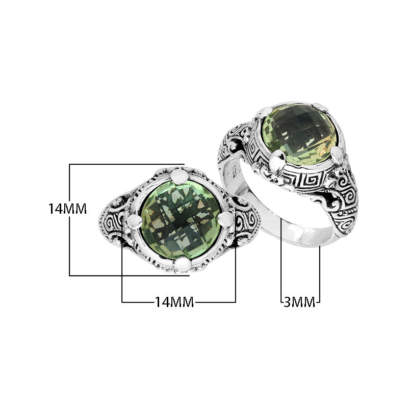 Sterling Silver ornate statement ring with Green Amethyst Quartz and intricate Bali-style detailing.