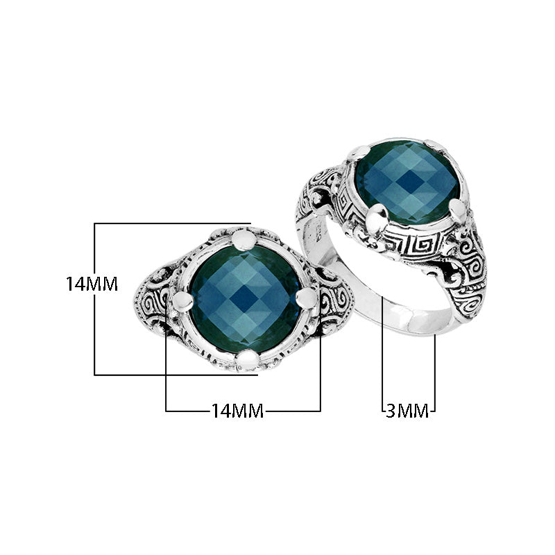 Sterling Silver Ornate Ring With London Blue Topaz Quartz And Balinese Carving Design