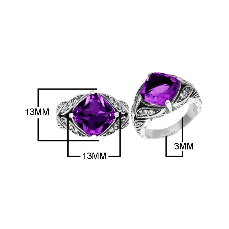 Sterling Silver Ornate Ring With Amethyst Quartz And Cubic Zirconia In Balinese Carving Design