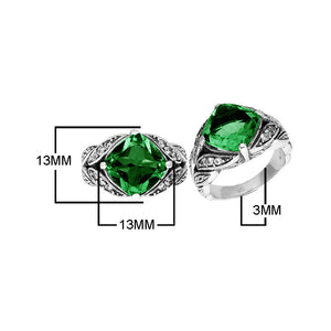 Sterling Silver Ornate Ring With Green Quartz And Cubic Zirconia In Balinese Carving Design
