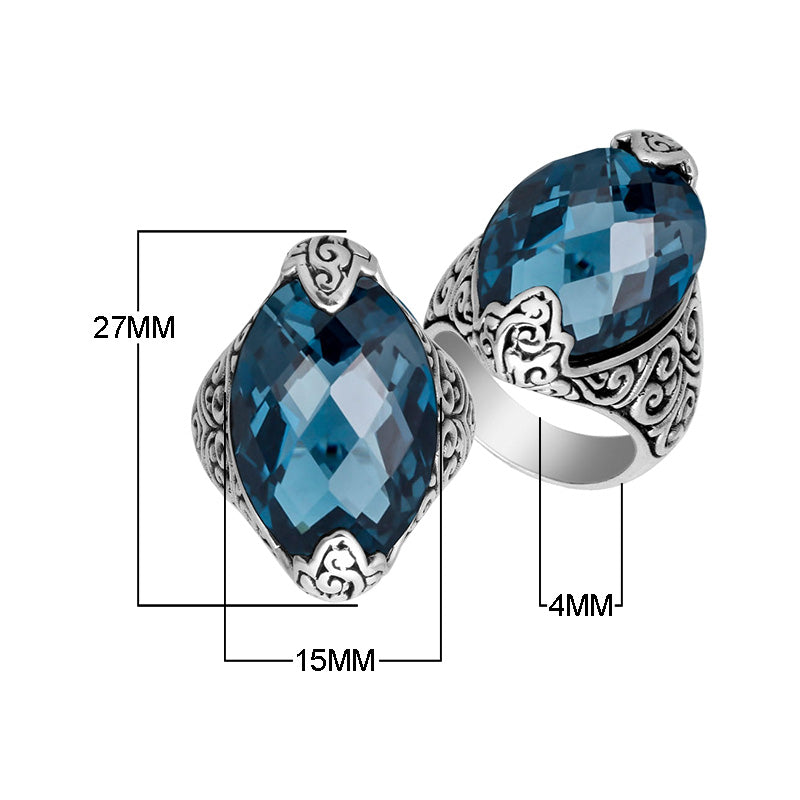 Sterling Silver Marquise Shape Statement Ring With London Blue Topaz Quartz In Balinese Design