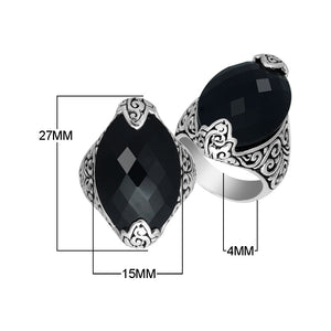 Sterling Silver Marquise Shape Statement Ring With Black Onyx In Balinese Design