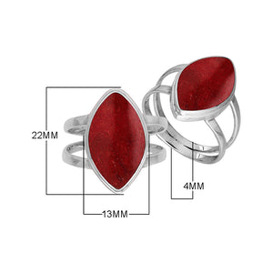 Sterling Silver Marquise Shape Statement Ring With Red Coral In Modern Balinese Design