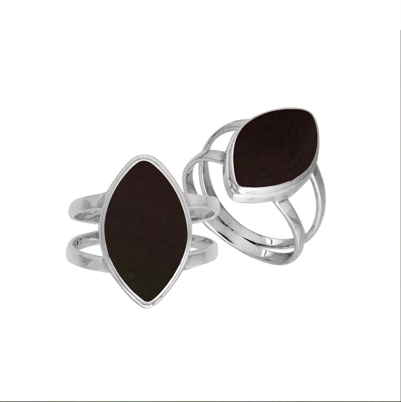 Sterling Silver Marquise Shape Statement Ring With Black Shell In Modern Balinese Design