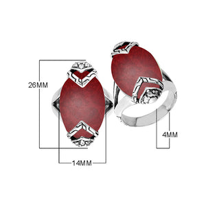 Sterling Silver Marquise Shape Statement Ring With Red Coral And Cubic Zirconia In Balinese Design
