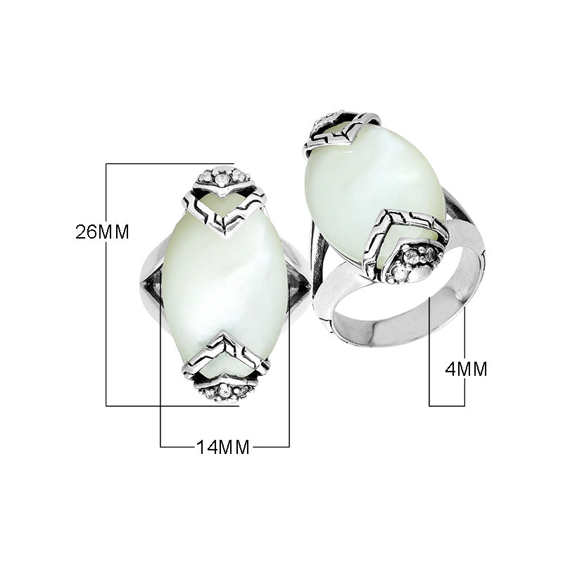 Sterling Silver Marquise Shape Statement Ring With Mother Of Pearl And Cubic Zirconia In Balinese Design
