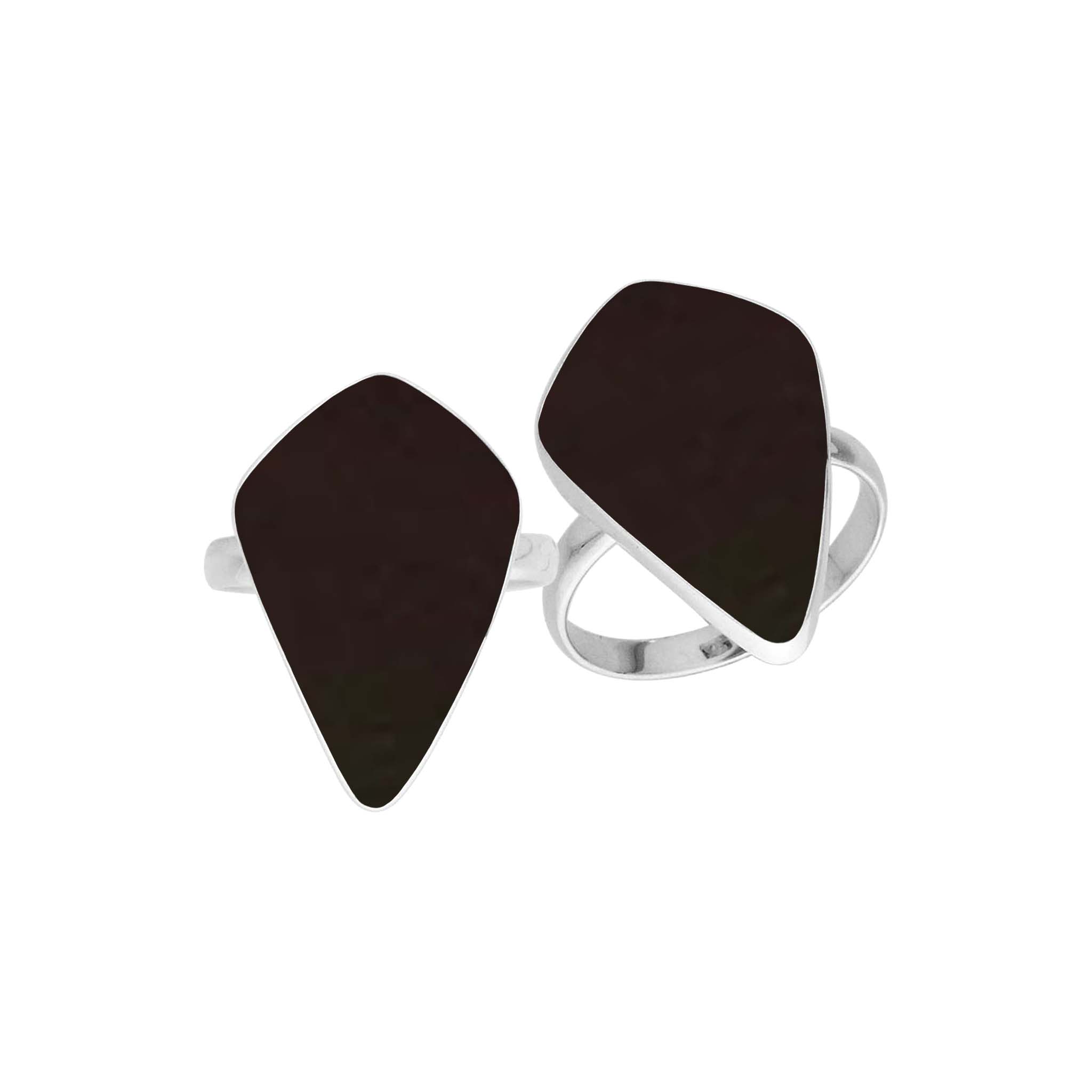 Sterling silver Black Shell long abstract statement ring with asymmetrical shield-shaped designer setting