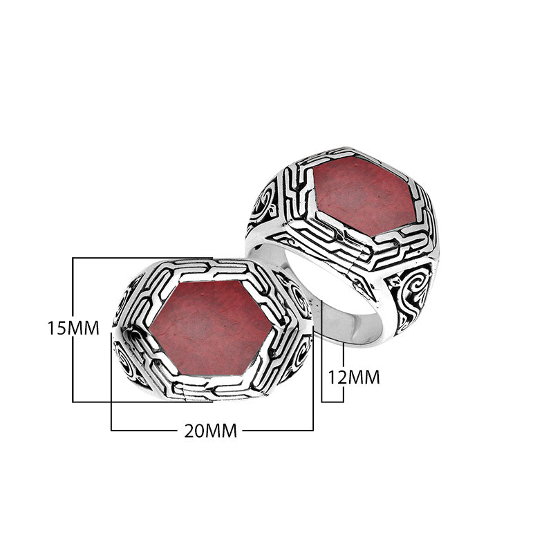 Sterling Silver Hexagon Shape Designer Statement Ring With Red Coral For Wholesale