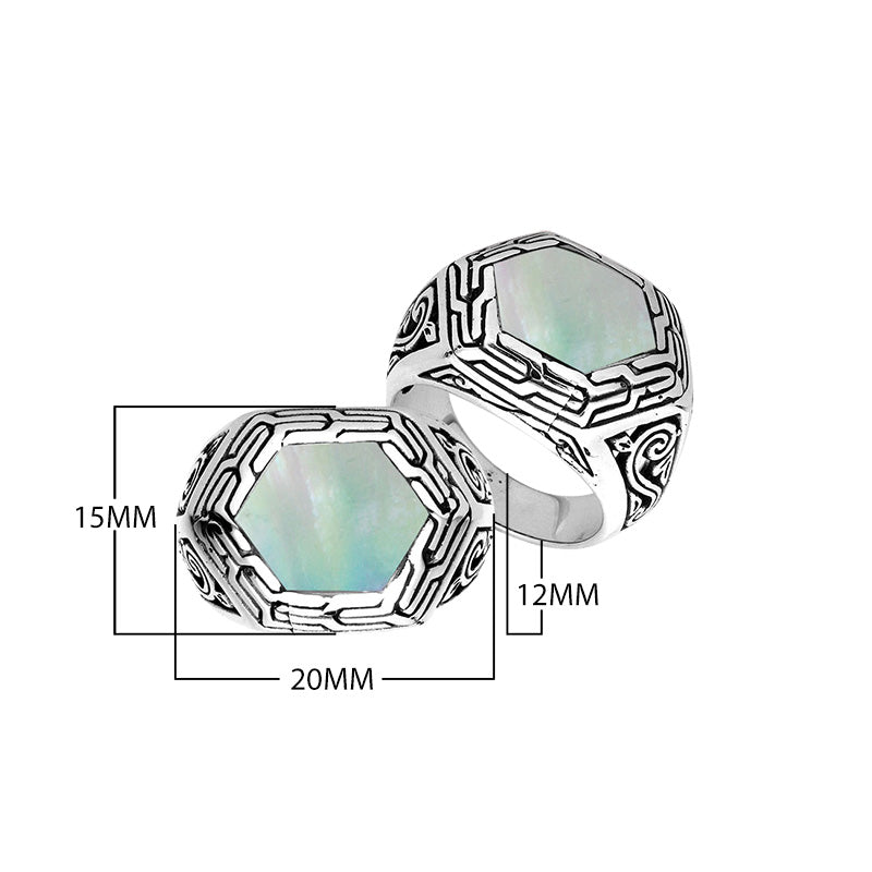 Sterling Silver Hexagon Shape Designer Statement Ring With Mother Of Pearl For Wholesale