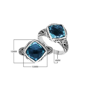 Sterling Silver Cushion Shape Statement Ring With London Blue Topaz Quartz And Balinese Detailing