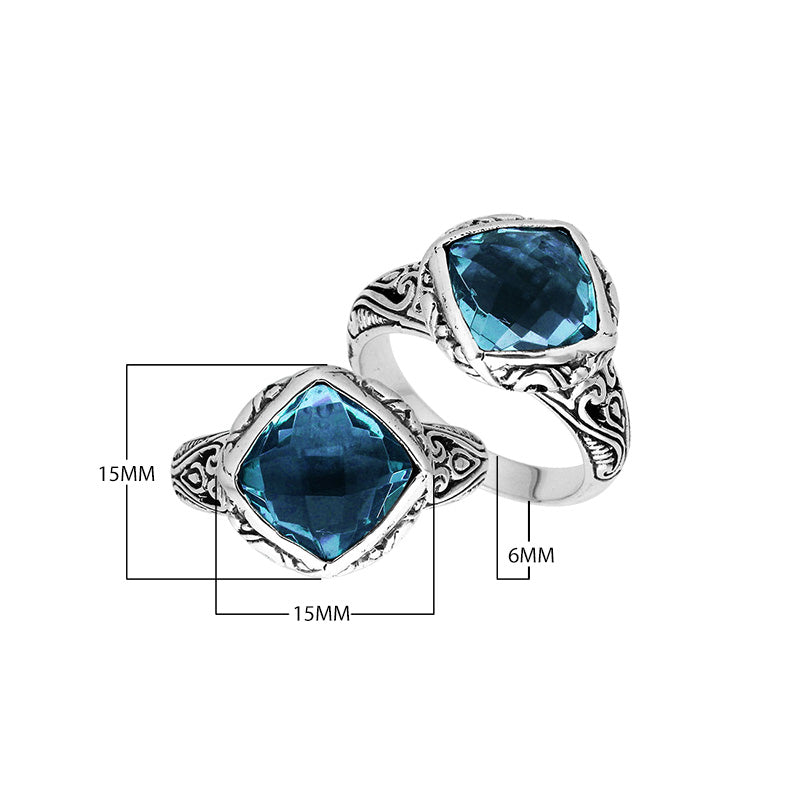 Sterling Silver Cushion Shape Statement Ring With London Blue Topaz Quartz And Balinese Detailing
