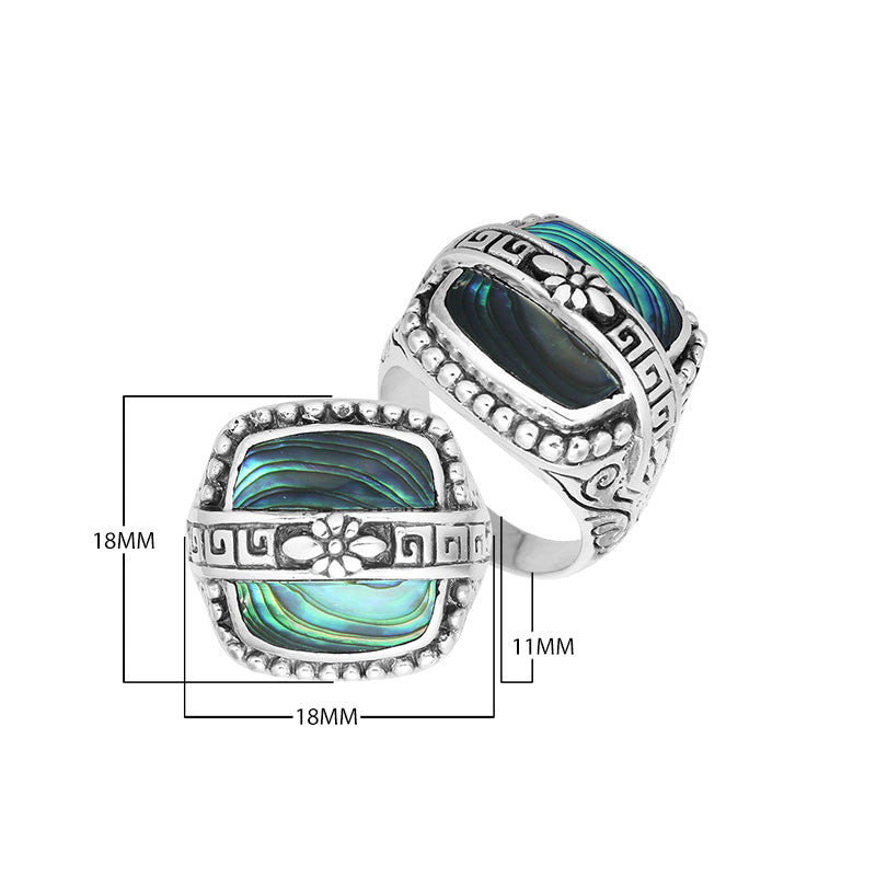 Sterling Silver Rectangular Shape Statement Ring With Abalone Shell And Floral Pattern