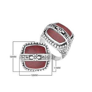 Sterling Silver Rectangular Shape Statement Ring With Red Coral And Floral Pattern