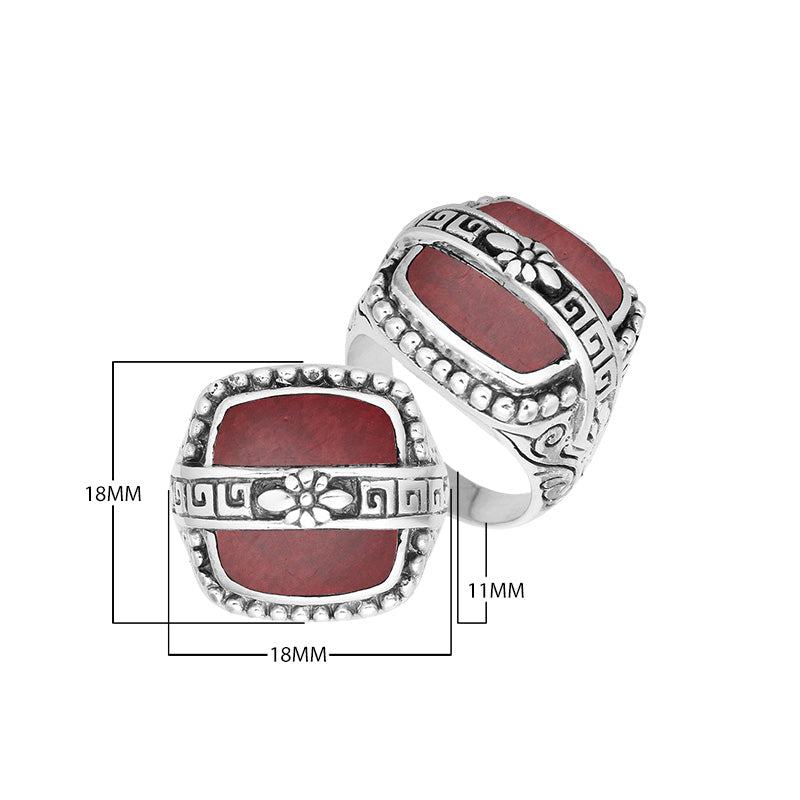 Sterling Silver Rectangular Shape Statement Ring With Red Coral And Floral Pattern
