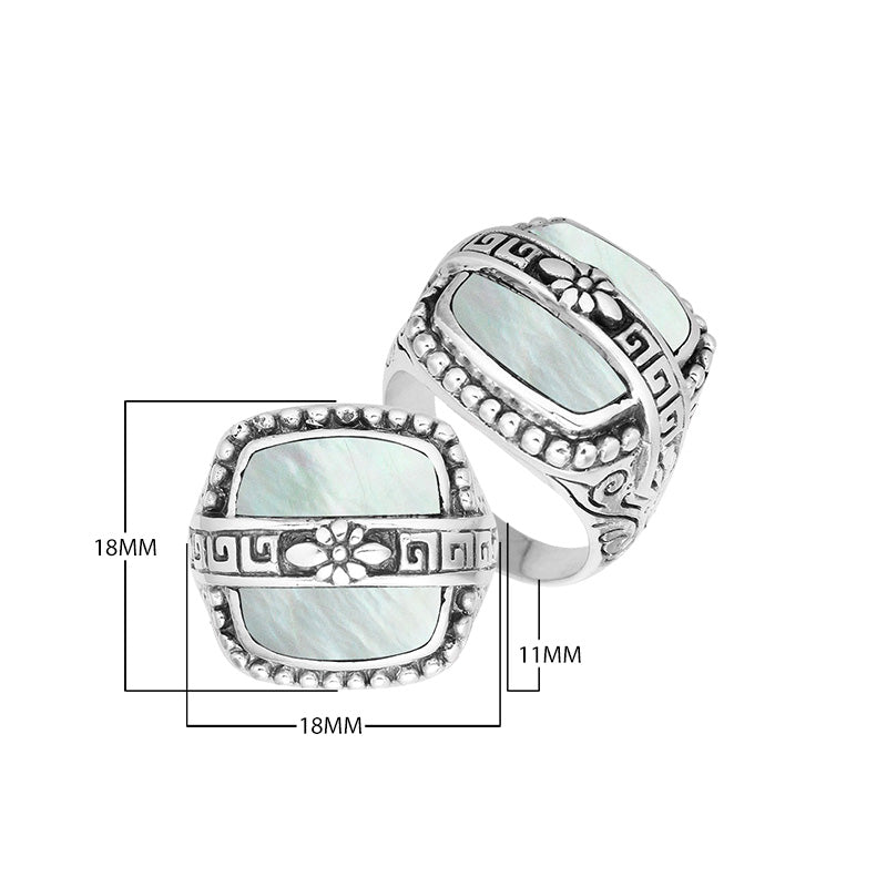 Sterling Silver Rectangular Shape Statement Ring With Mother Of Pearl And Floral Pattern