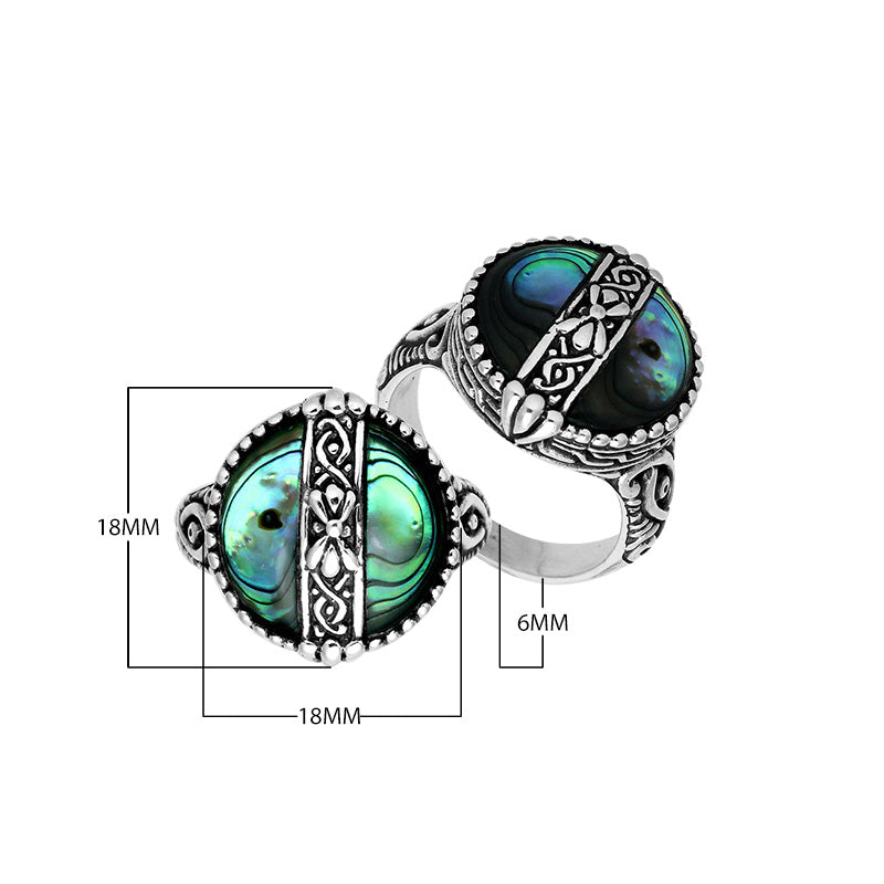 Sterling Silver Round Shape Statement Ring With Abalone Shell And Balinese Pattern