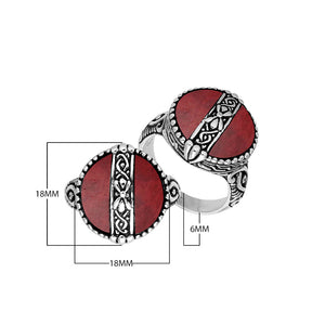 Sterling Silver Round Shape Statement Ring With Red Coral And Balinese Pattern