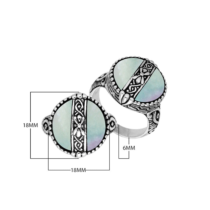 Sterling Silver Round Shape Statement Ring With Mother Of Pearl And Balinese Pattern