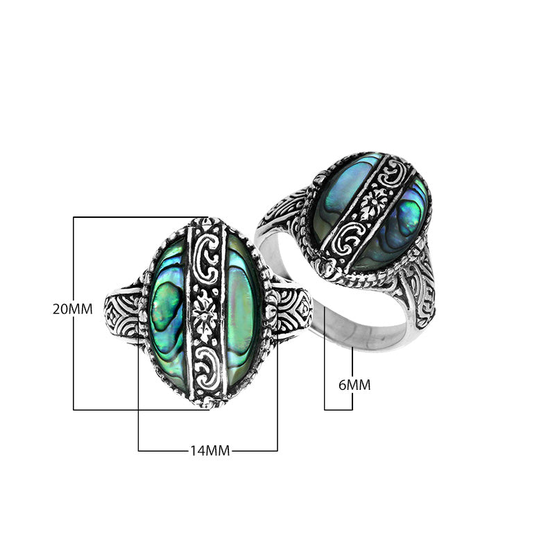 Sterling Silver Oval Shape Statement Ring With Abalone Shell And Balinese Floral Pattern