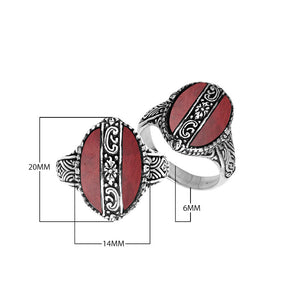 Sterling Silver Oval Shape Statement Ring With Red Coral And Balinese Floral Pattern