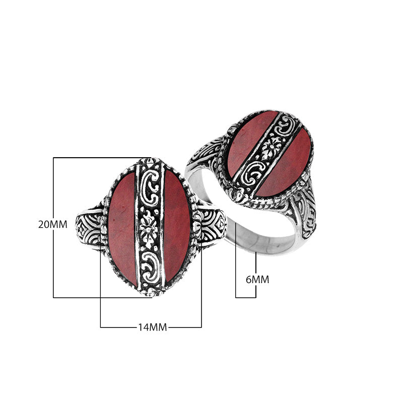Sterling Silver Oval Shape Statement Ring With Red Coral And Balinese Floral Pattern
