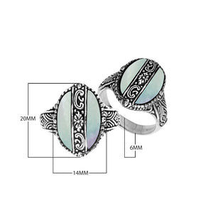 Sterling Silver Oval Shape Statement Ring With Mother Of Pearl And Balinese Floral Pattern