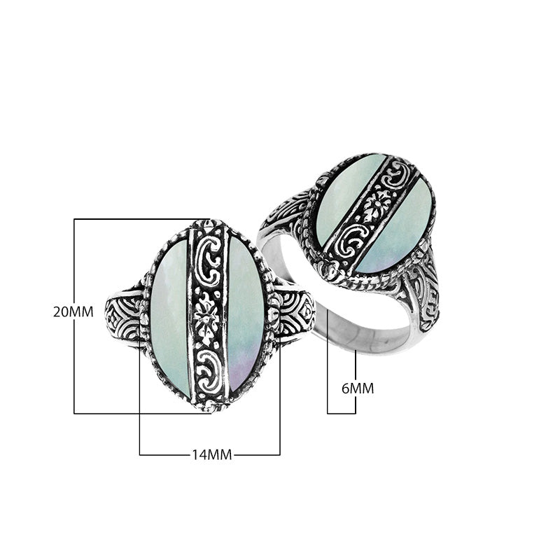 Sterling Silver Oval Shape Statement Ring With Mother Of Pearl And Balinese Floral Pattern