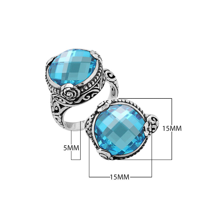 Sterling Silver Floral Balinese Round Shape Statement Ring With Blue Topaz Quartz