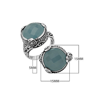 Sterling Silver Floral Balinese Round Shape Statement Ring With Blue Chalcedony Quartz
