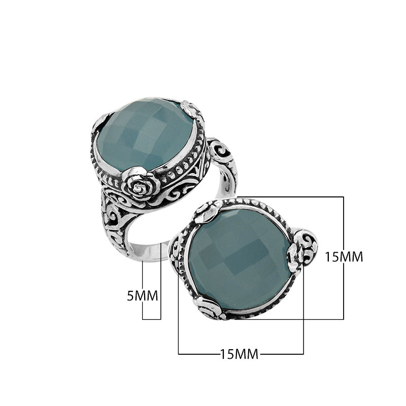 Sterling Silver Floral Balinese Round Shape Statement Ring With Blue Chalcedony Quartz