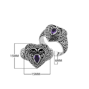 Sterling Silver Heart Shape Balinese Vintage Statement Ring With Amethyst Quartz