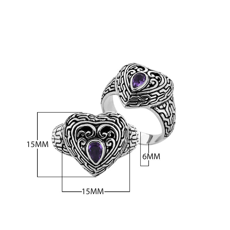 Sterling Silver Heart Shape Balinese Vintage Statement Ring With Amethyst Quartz