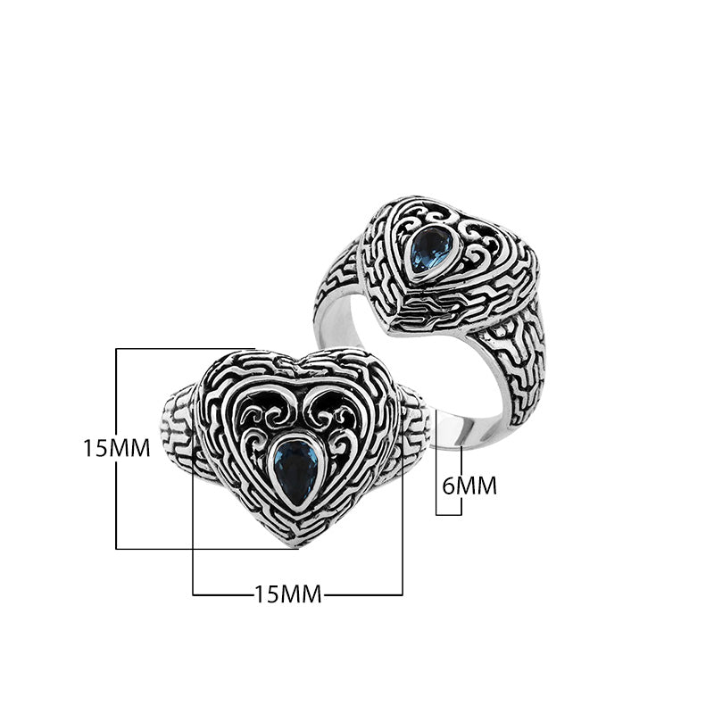 Sterling Silver Heart Shape Balinese Vintage Statement Ring With Blue Topaz Quartz