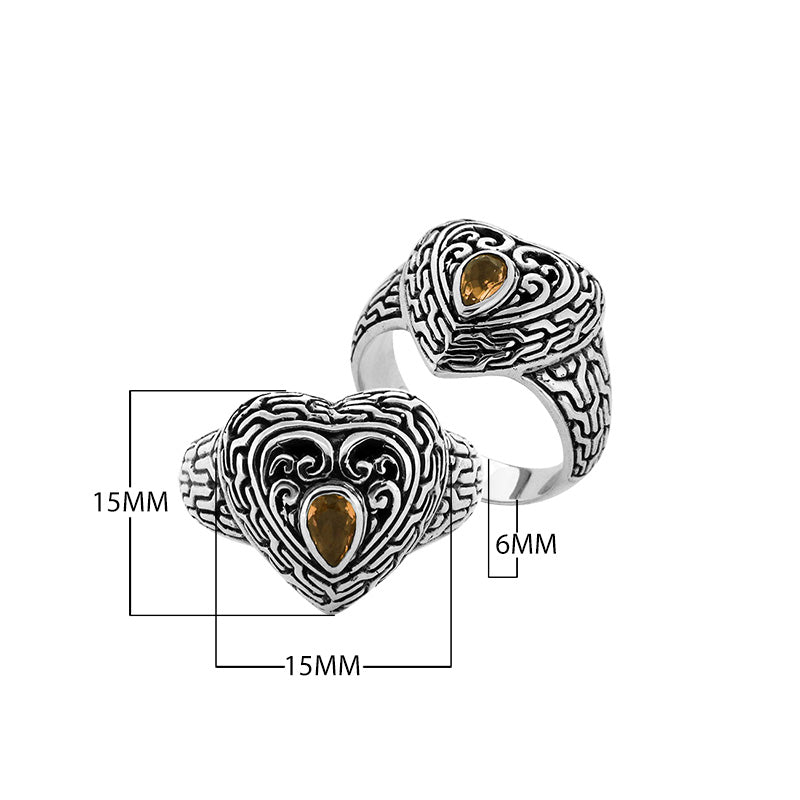 Sterling Silver Heart Shape Balinese Vintage Statement Ring With Citrine Quartz