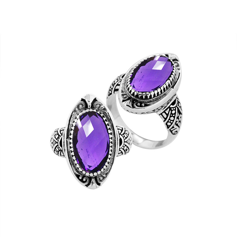 Sterling Silver Oval Shape Balinese Statement Ring With Amethyst Quartz