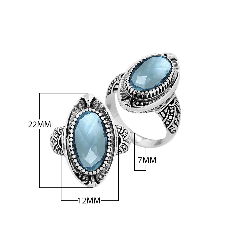 Sterling Silver Oval Shape Balinese Statement Ring With Blue Topaz Quartz