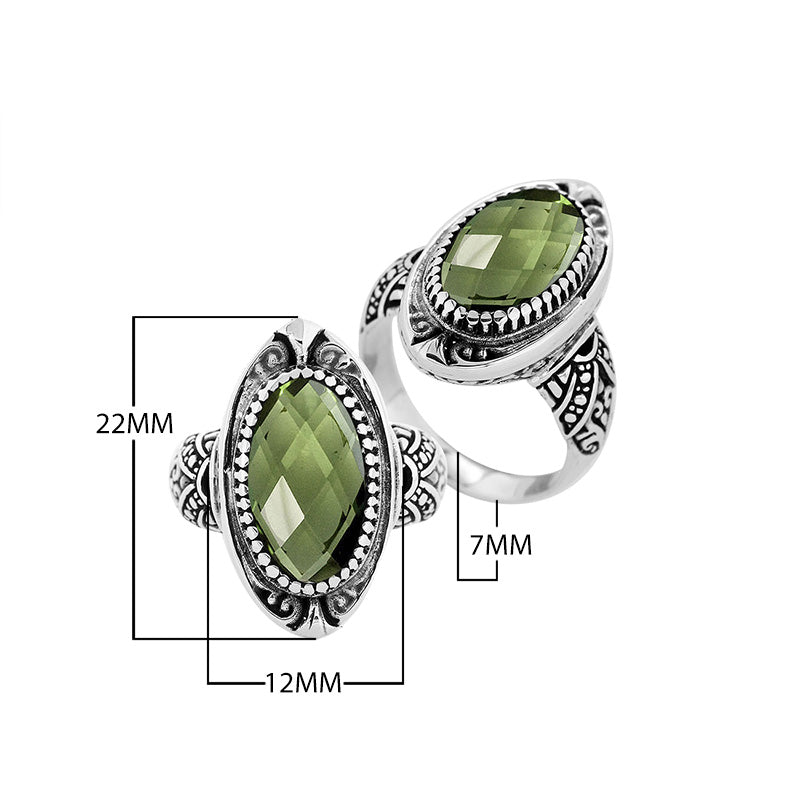 Sterling Silver Oval Shape Balinese Statement Ring With Green Amethyst Quartz