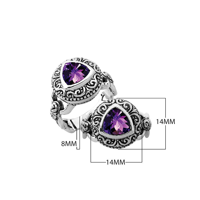 Sterling silver Balinese design ring with triangle shape Amethyst Quartz stone