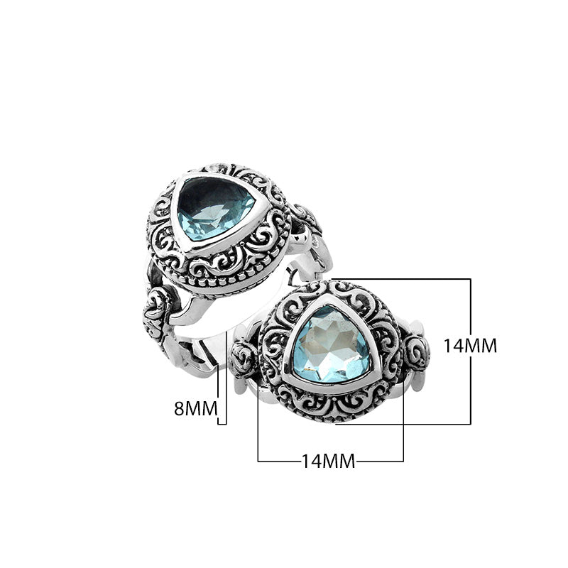 Sterling silver Balinese design ring with triangle shape Blue Topaz Quartz stone